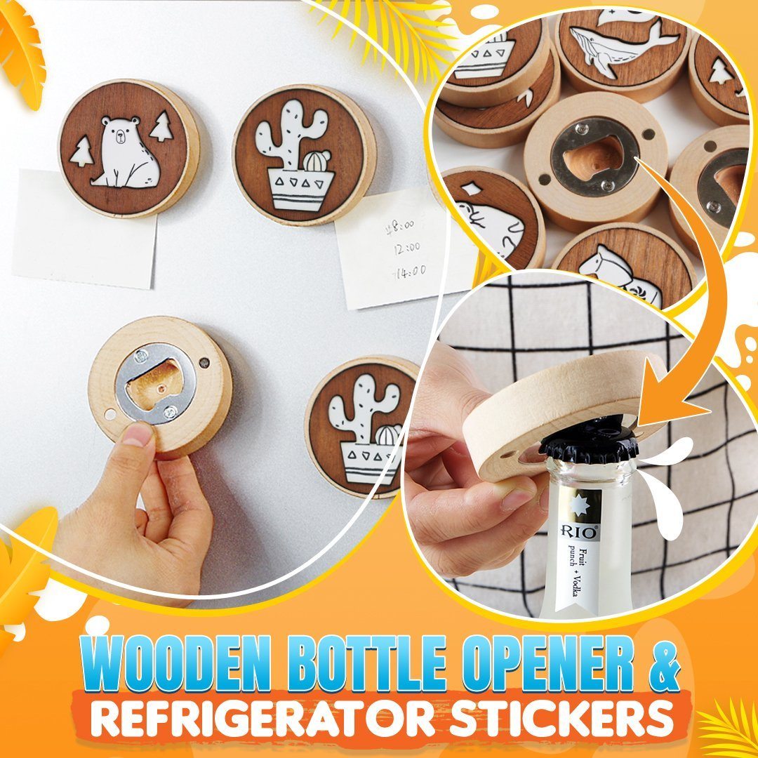Wooden Bottle Opener & Refrigerator Stickers