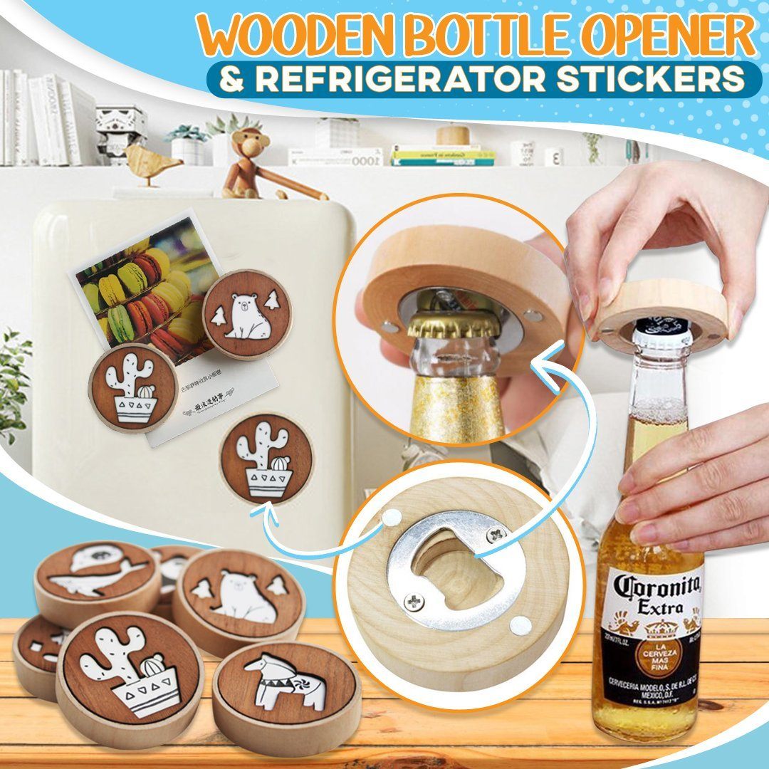 Wooden Bottle Opener & Refrigerator Stickers